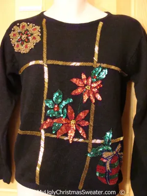 80s Bling Festive Christmas Sweater with Poinsettias
