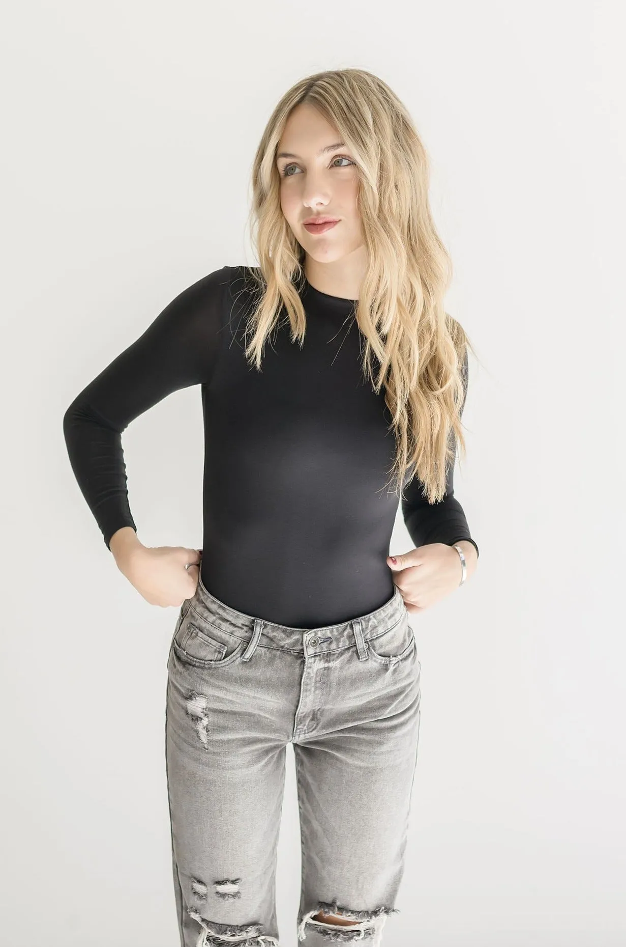 Abbi Long Sleeve Double Layer Mock Neck Bodysuit Black