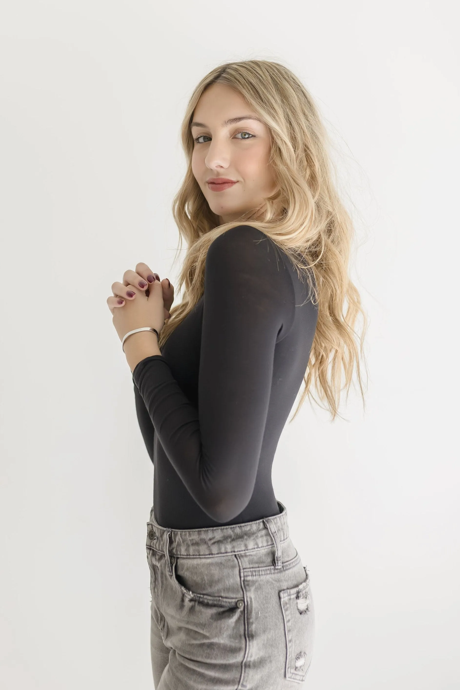 Abbi Long Sleeve Double Layer Mock Neck Bodysuit Black