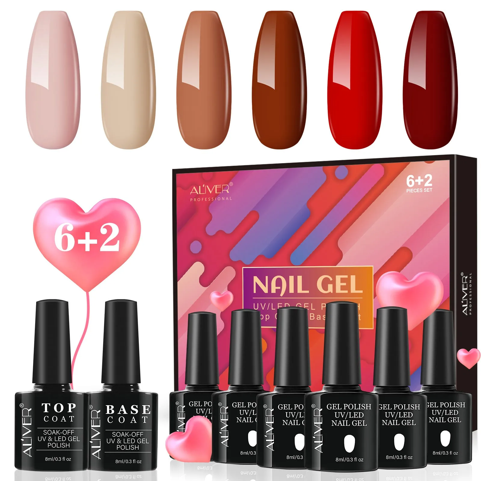 Aliver gel nail polish set, Love Express with top and base coat - 6 Colors