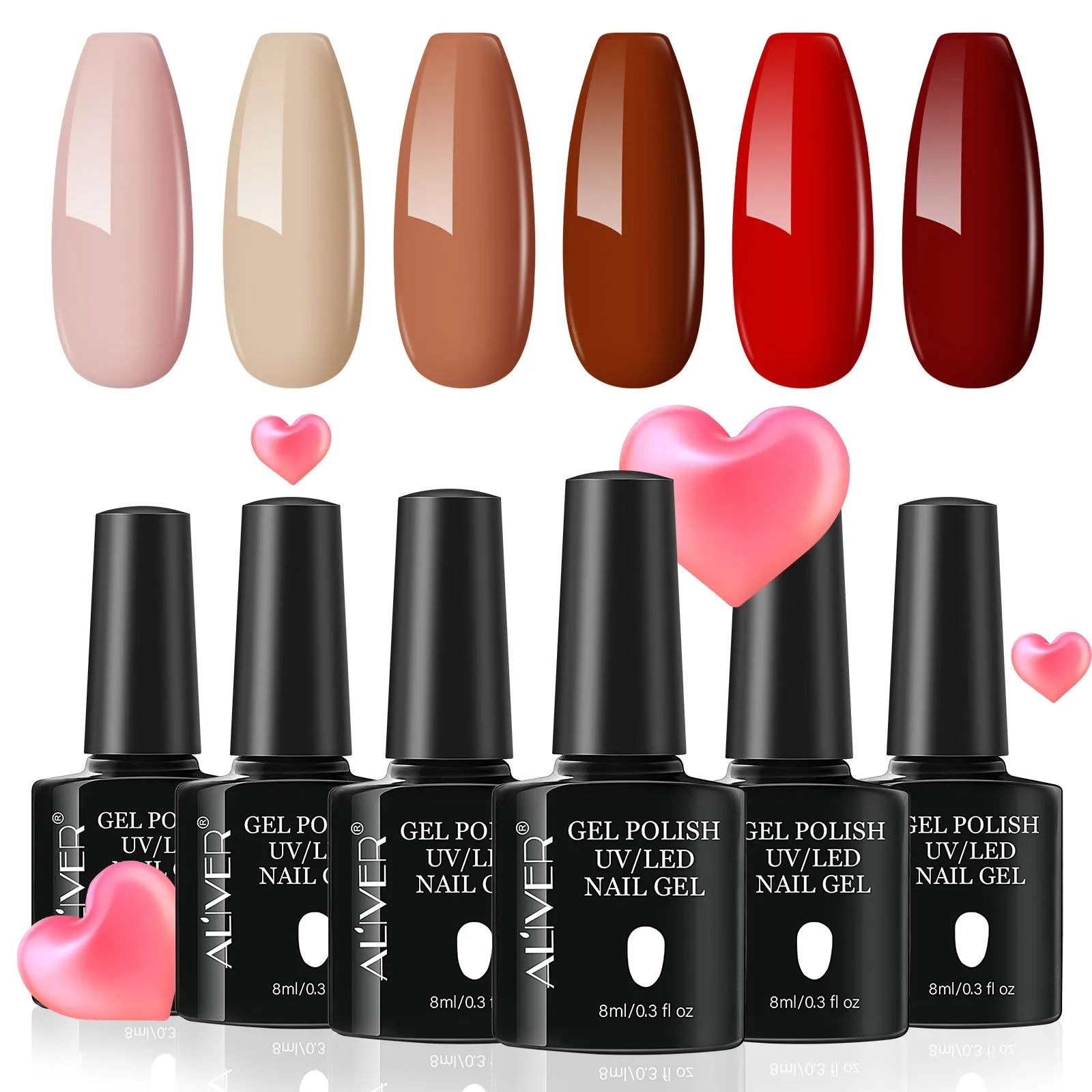 Aliver gel nail polish set, Love Express with top and base coat - 6 Colors