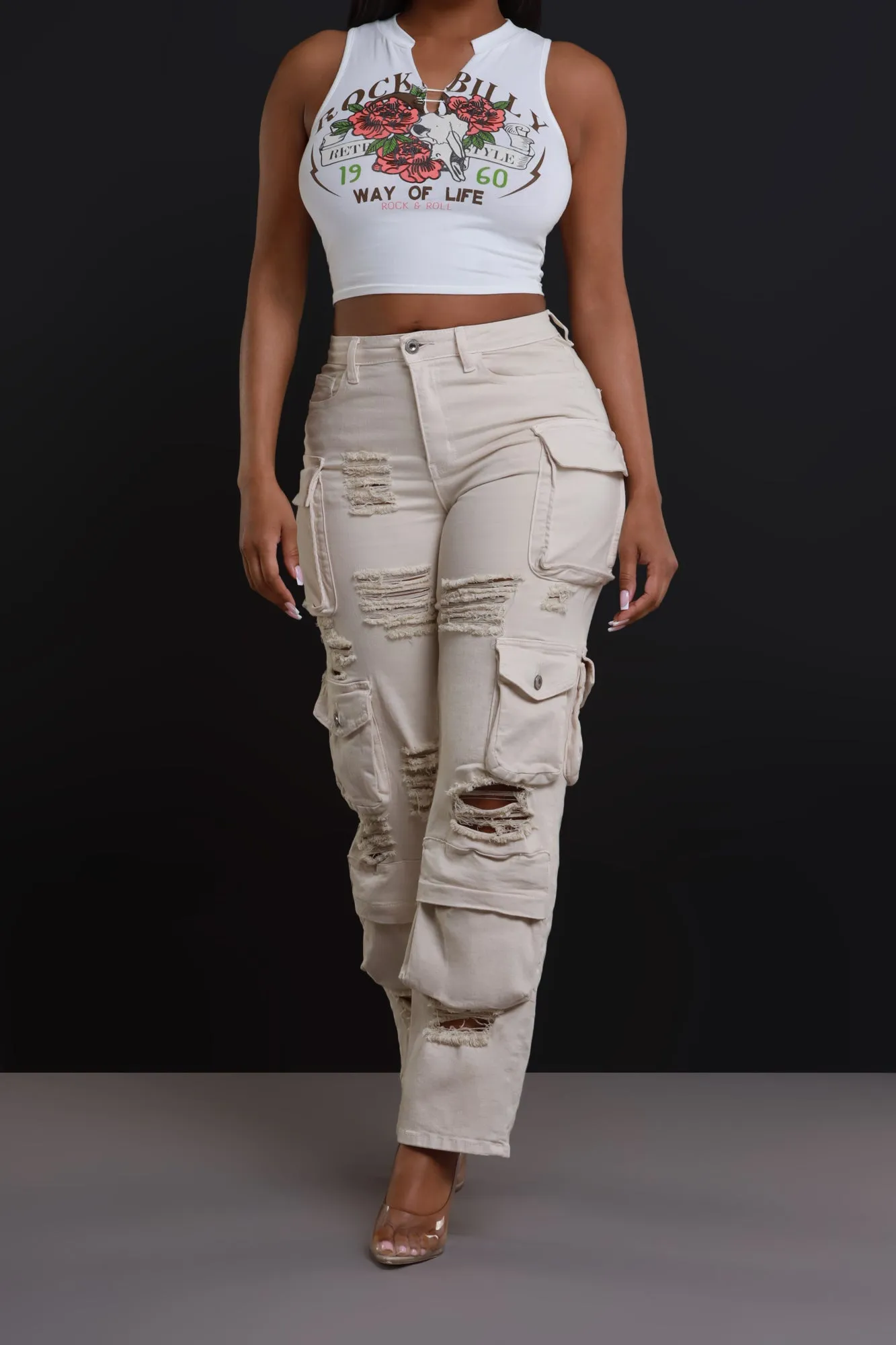 All Facts Distressed Cargo Pants - Light Khaki