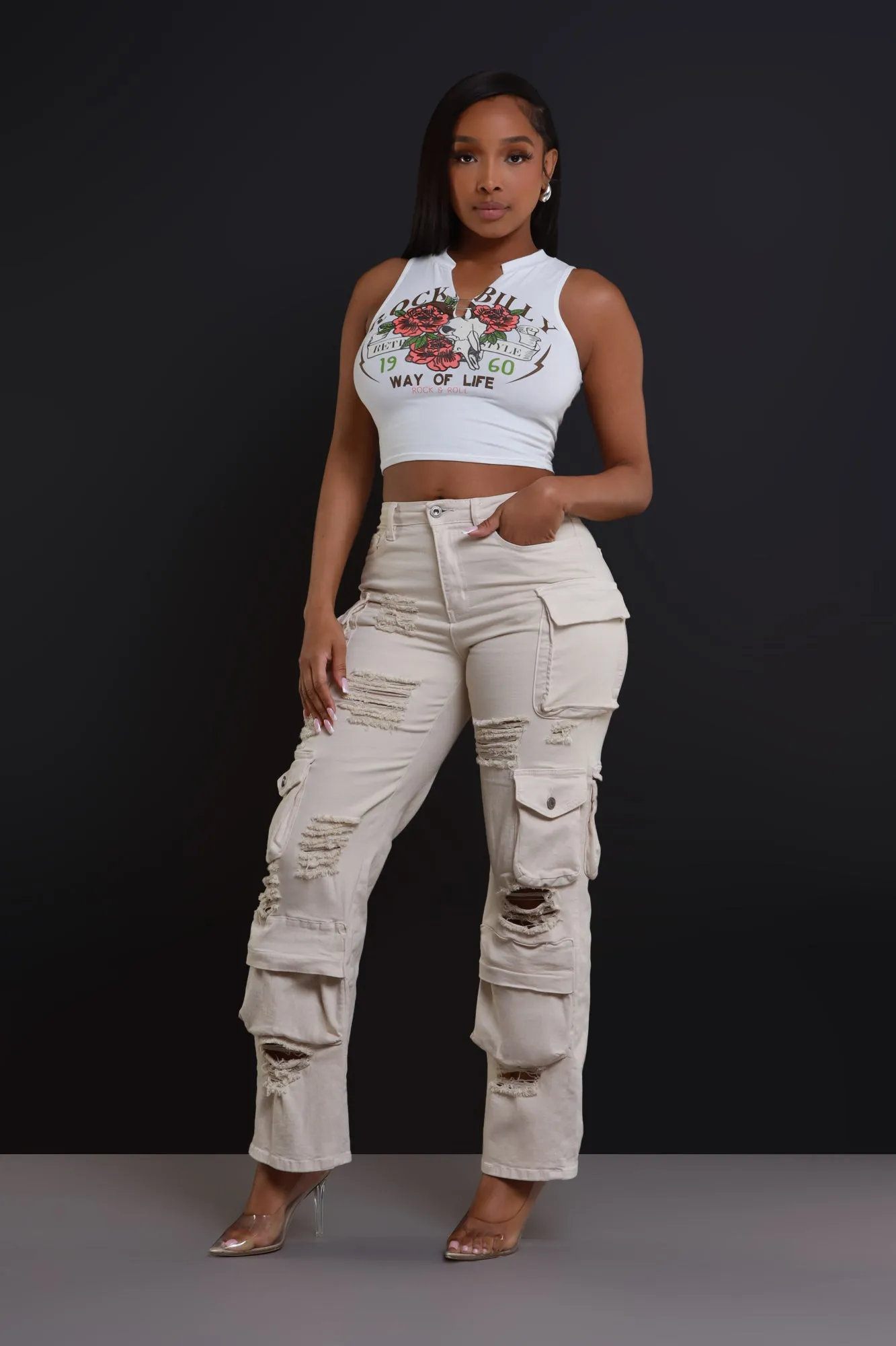 All Facts Distressed Cargo Pants - Light Khaki