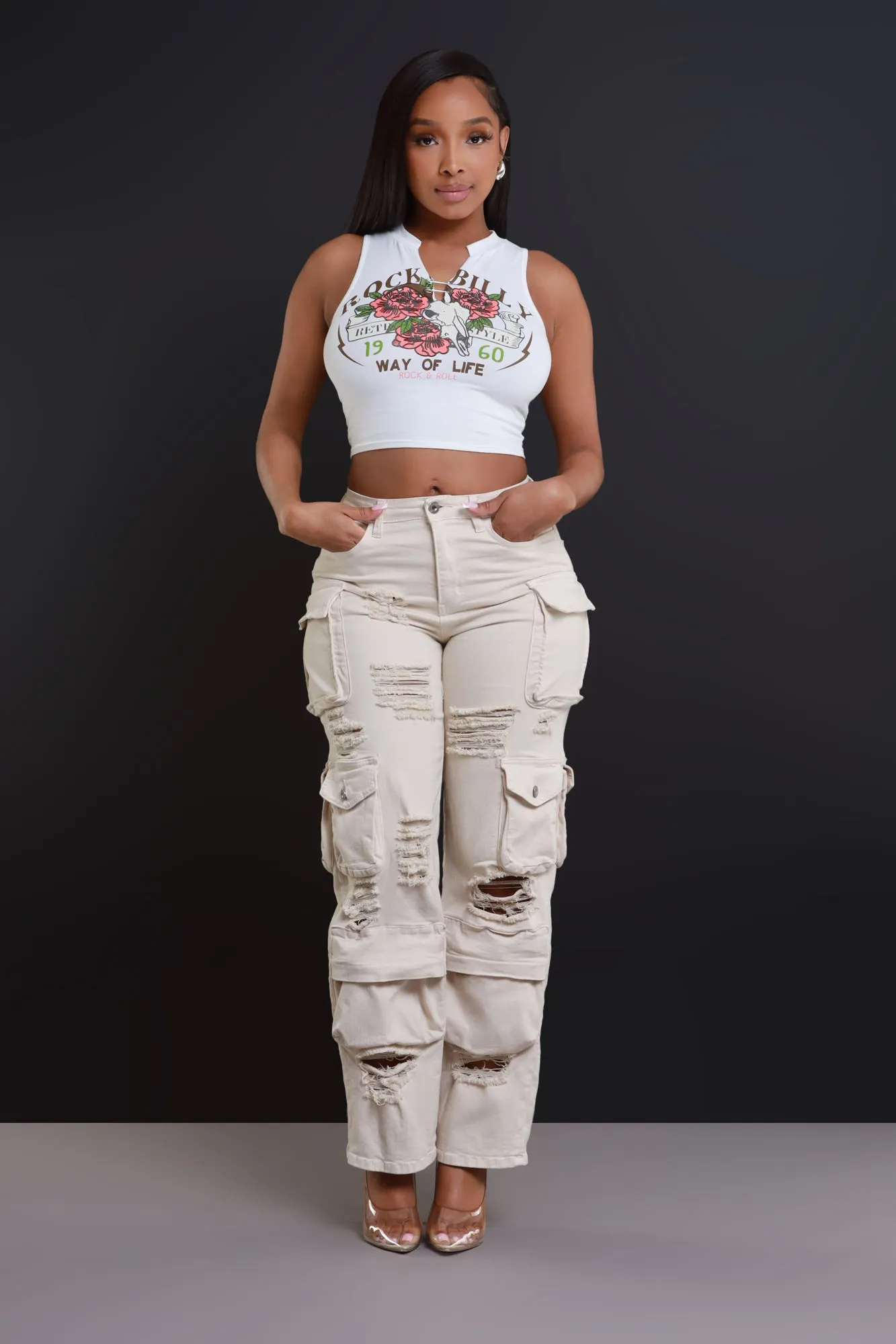 All Facts Distressed Cargo Pants - Light Khaki