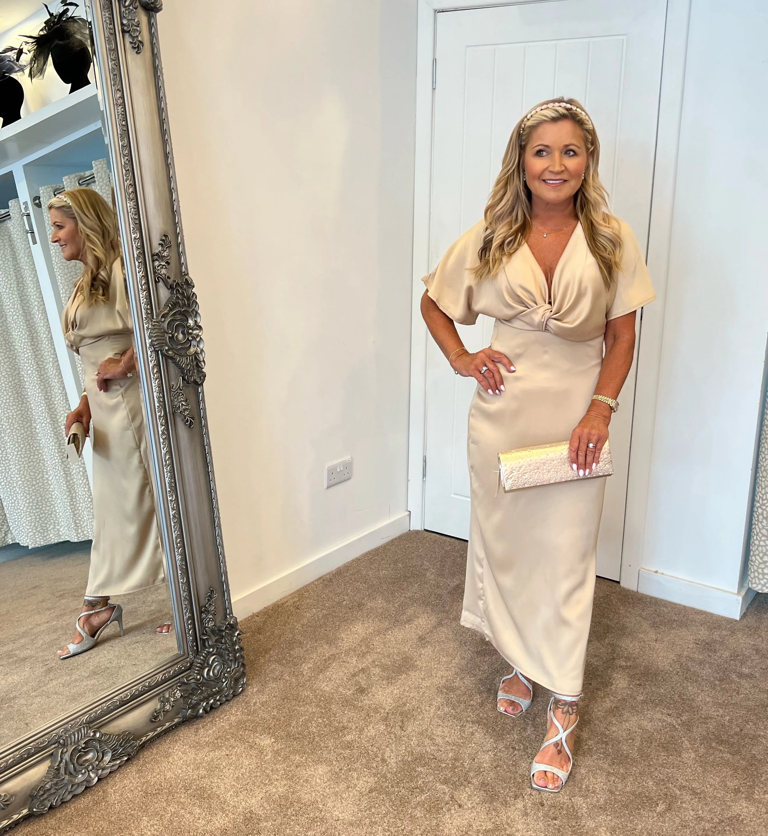 Angel sleeve satin twist midi dress in champagne