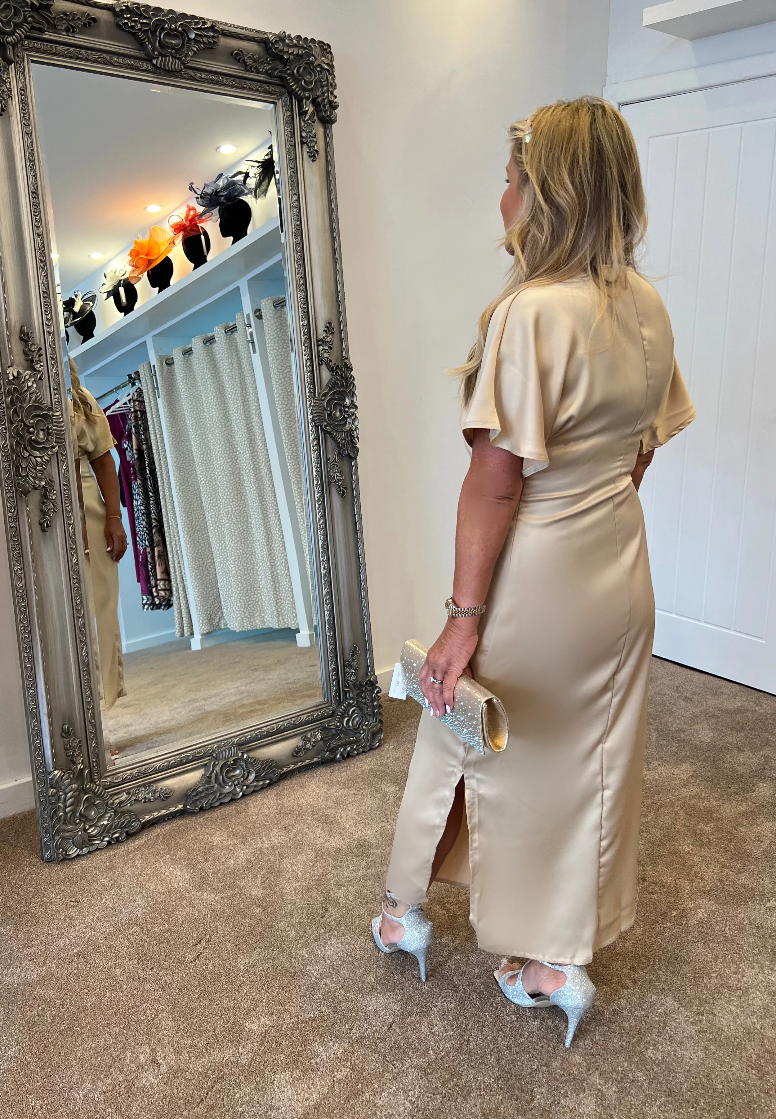 Angel sleeve satin twist midi dress in champagne