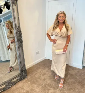 Angel sleeve satin twist midi dress in champagne