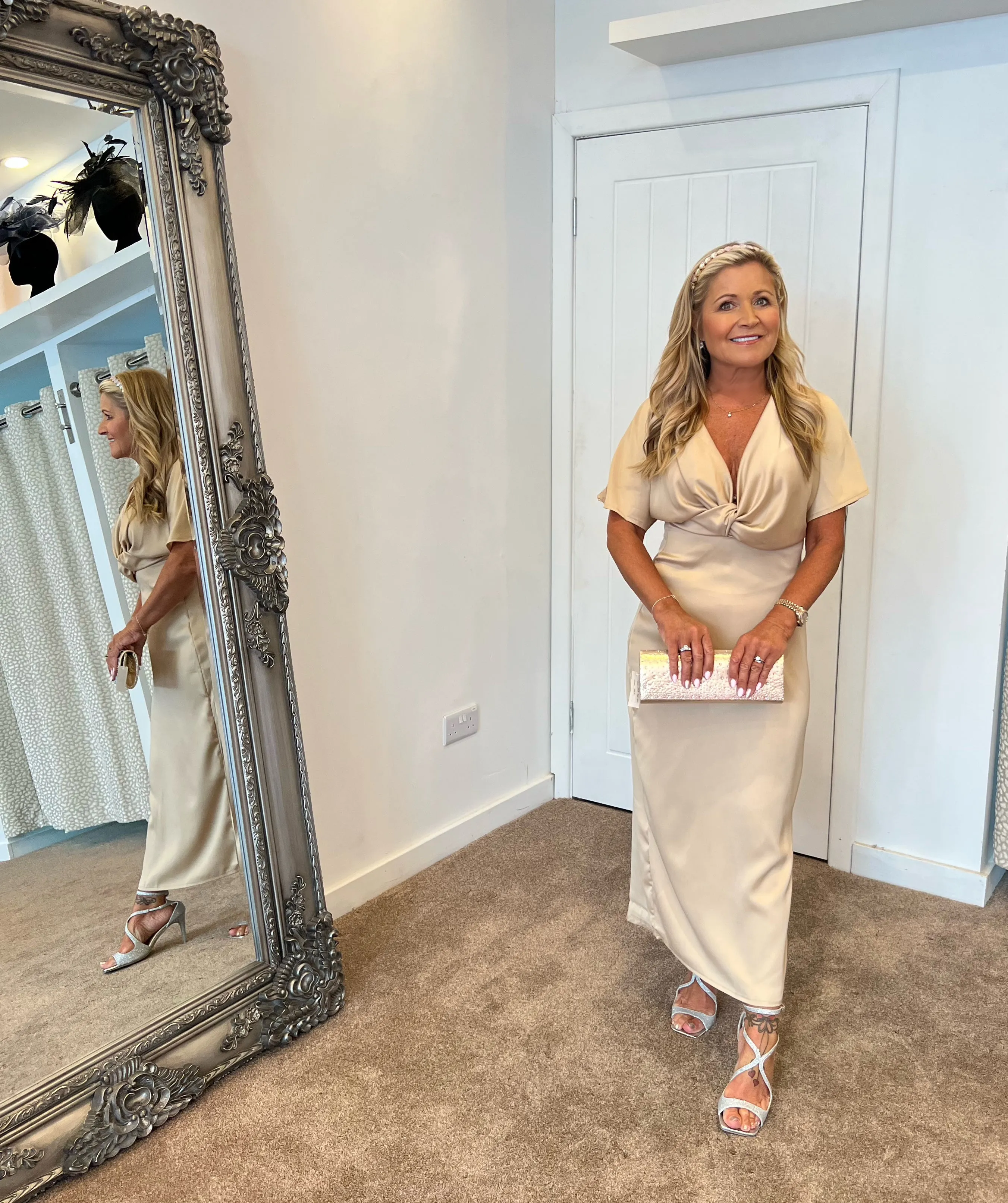Angel sleeve satin twist midi dress in champagne