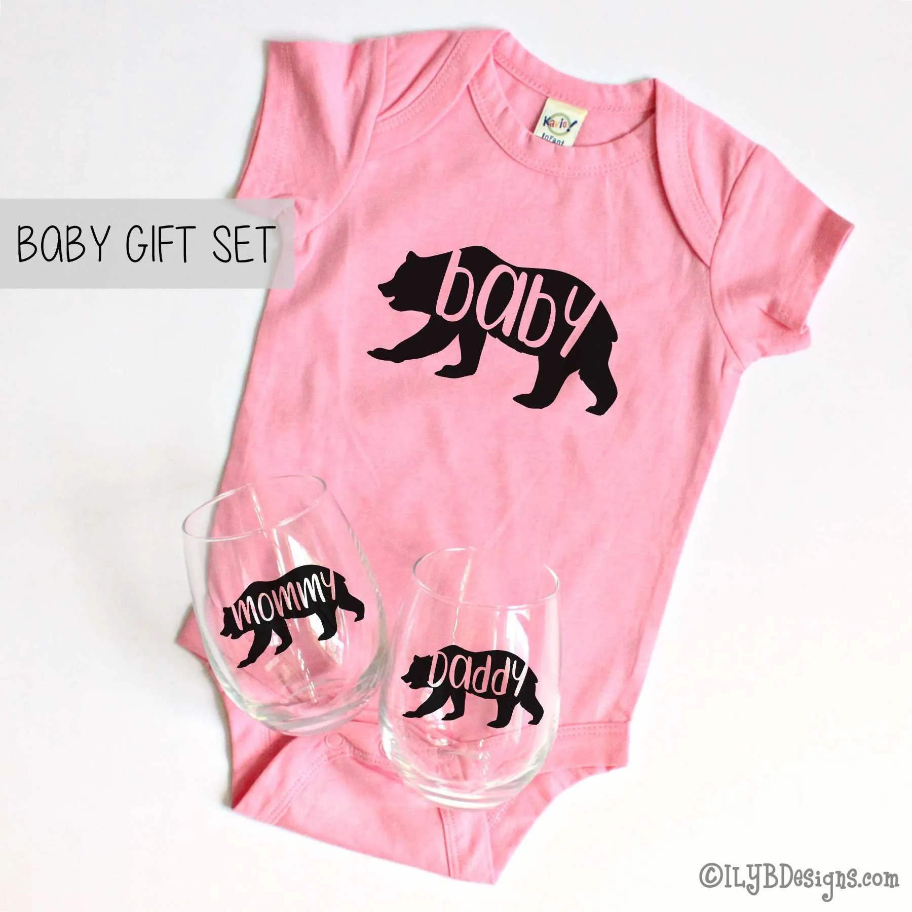 Baby Bear Baby Gift Set - Mommy Bear Daddy Bear Wine Glasses - Baby Bear Bodysuit