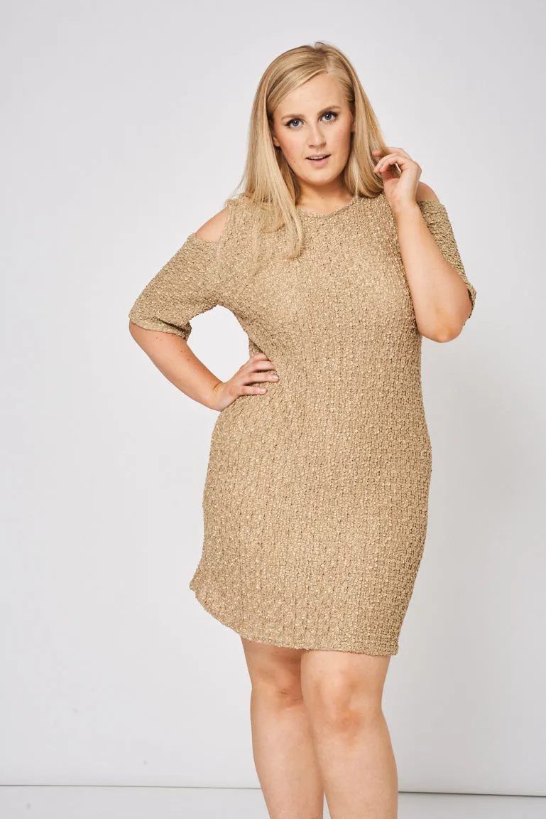 Beige Cold Shoulder Textured Dress