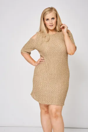 Beige Cold Shoulder Textured Dress