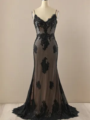 Black Mermaid Lace Straps Evening Dress Party Dress, Black Long Prom Dress