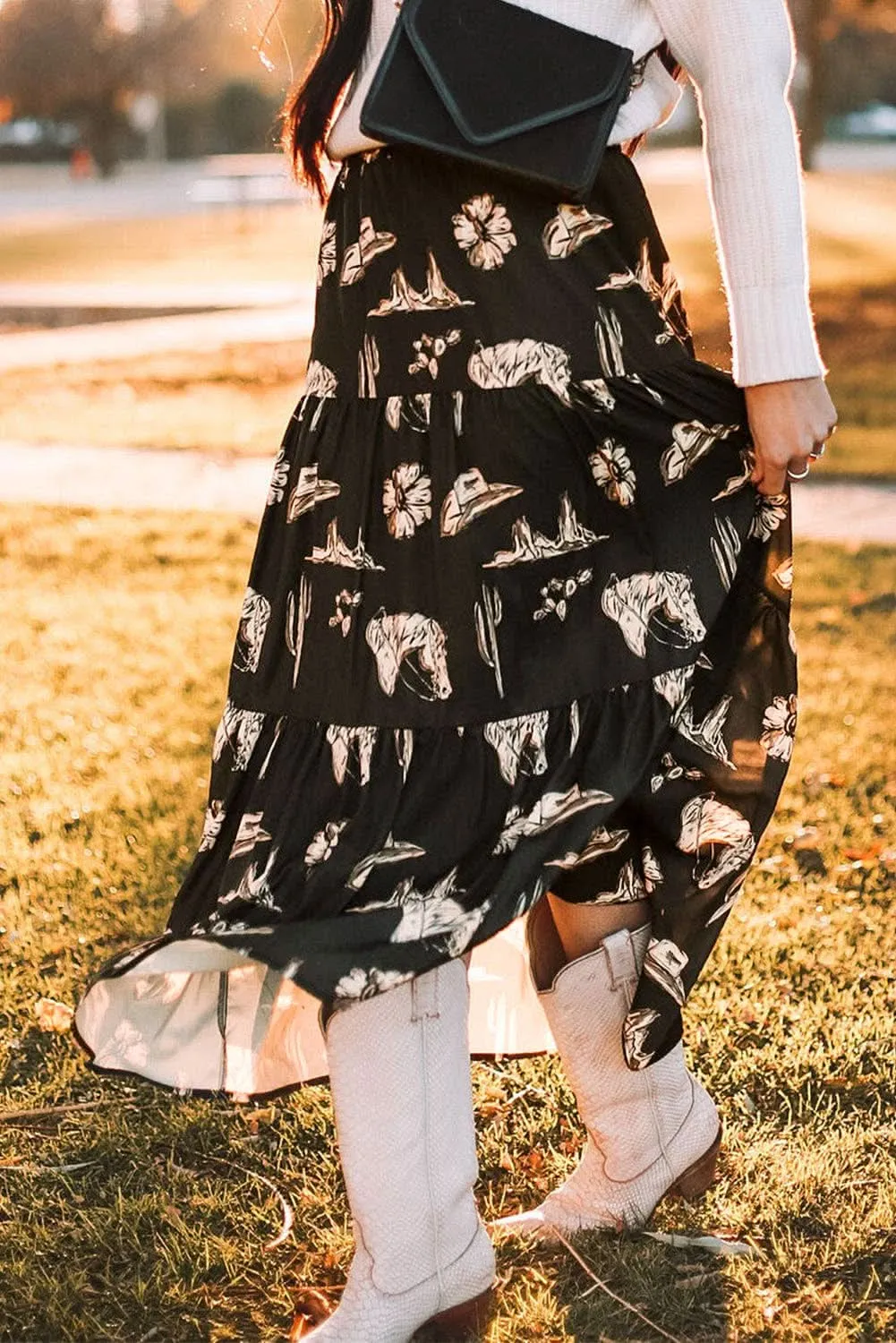 Black Western Tiered Ruffle Maxi Skirt