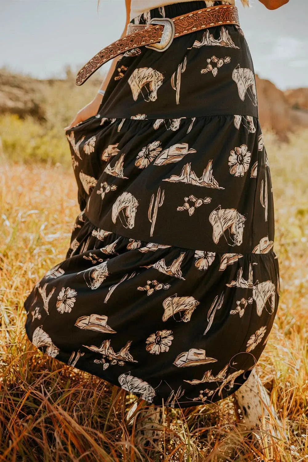 Black Western Tiered Ruffle Maxi Skirt
