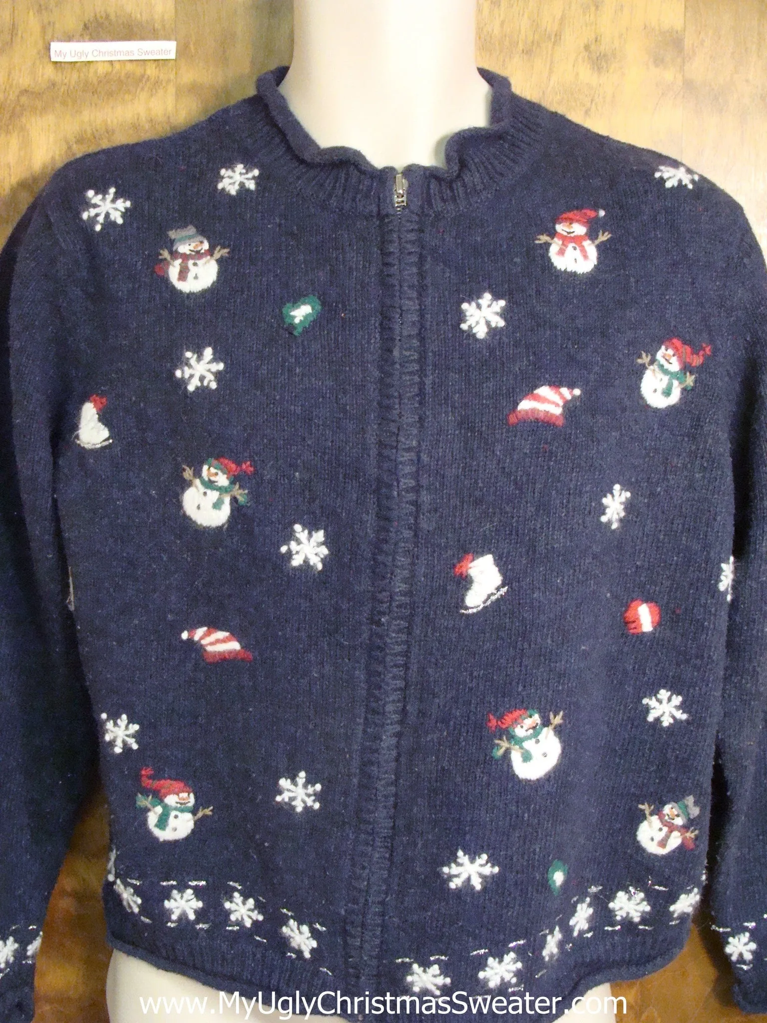 Blue Ugly Christmas Sweater with Snowmen and Skates