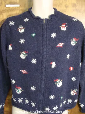 Blue Ugly Christmas Sweater with Snowmen and Skates