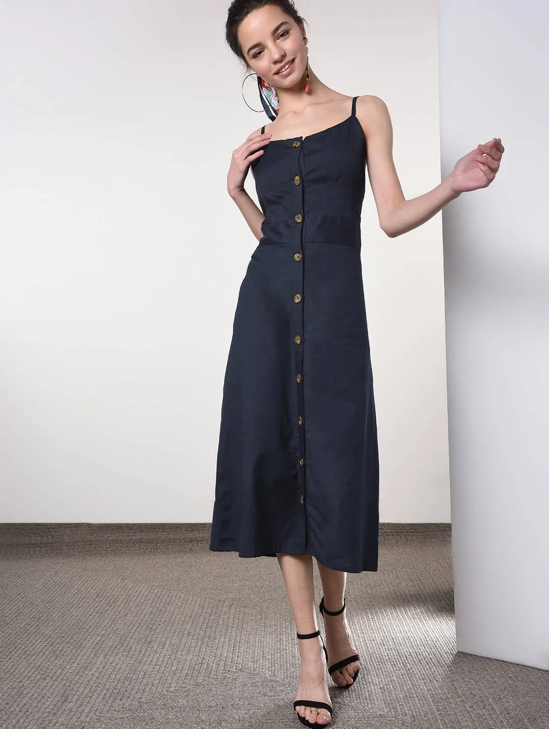 Button up solid A-line dress