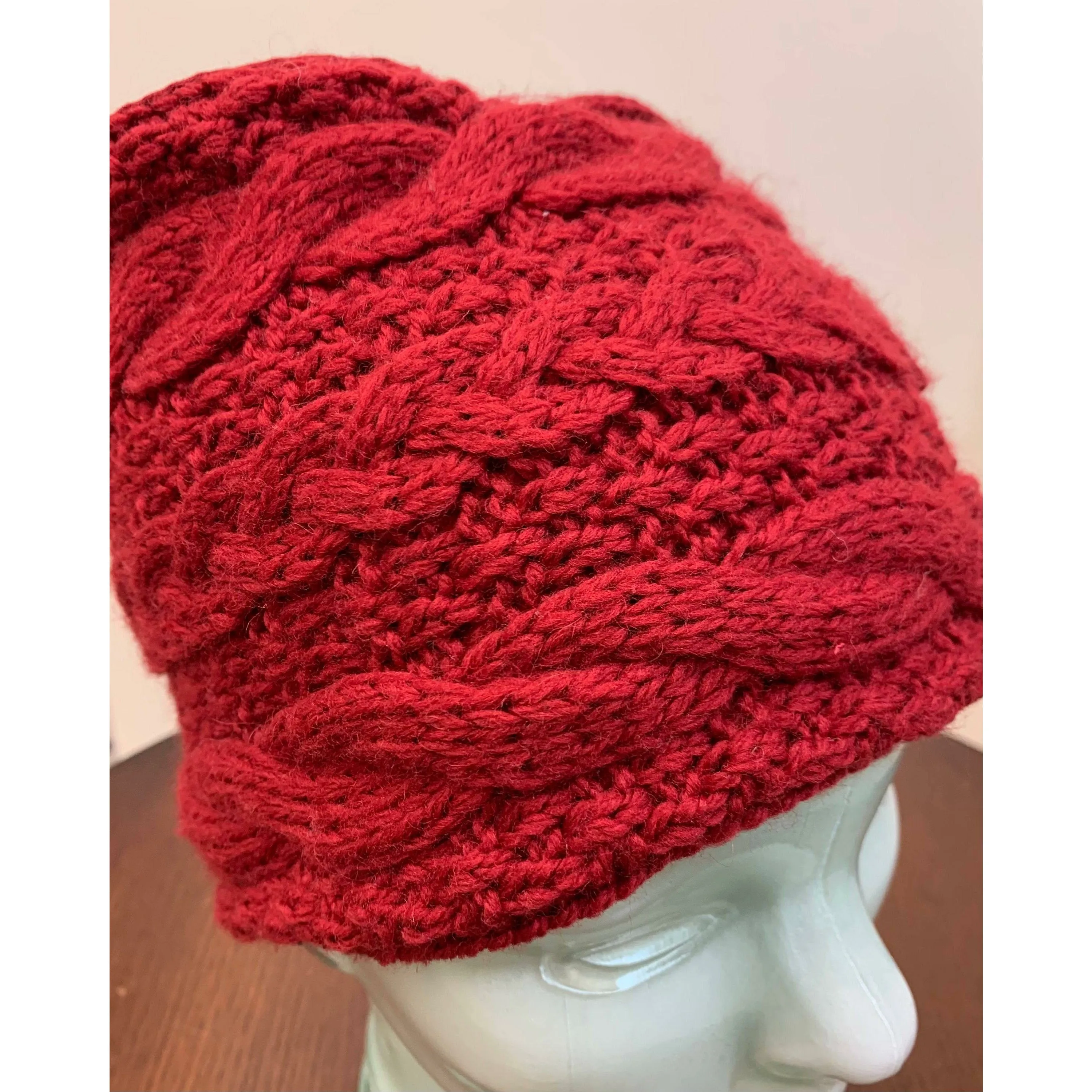 Cable hand knit Red soft Head band hat adornment. Super wide. Lined in organic cotton.