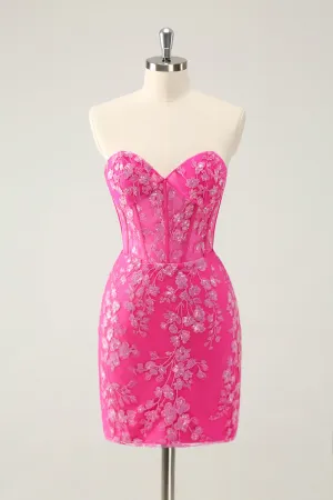 Classy Fuchsia Bodycon Strapless Corset Short Homecoming Dress with Sequins