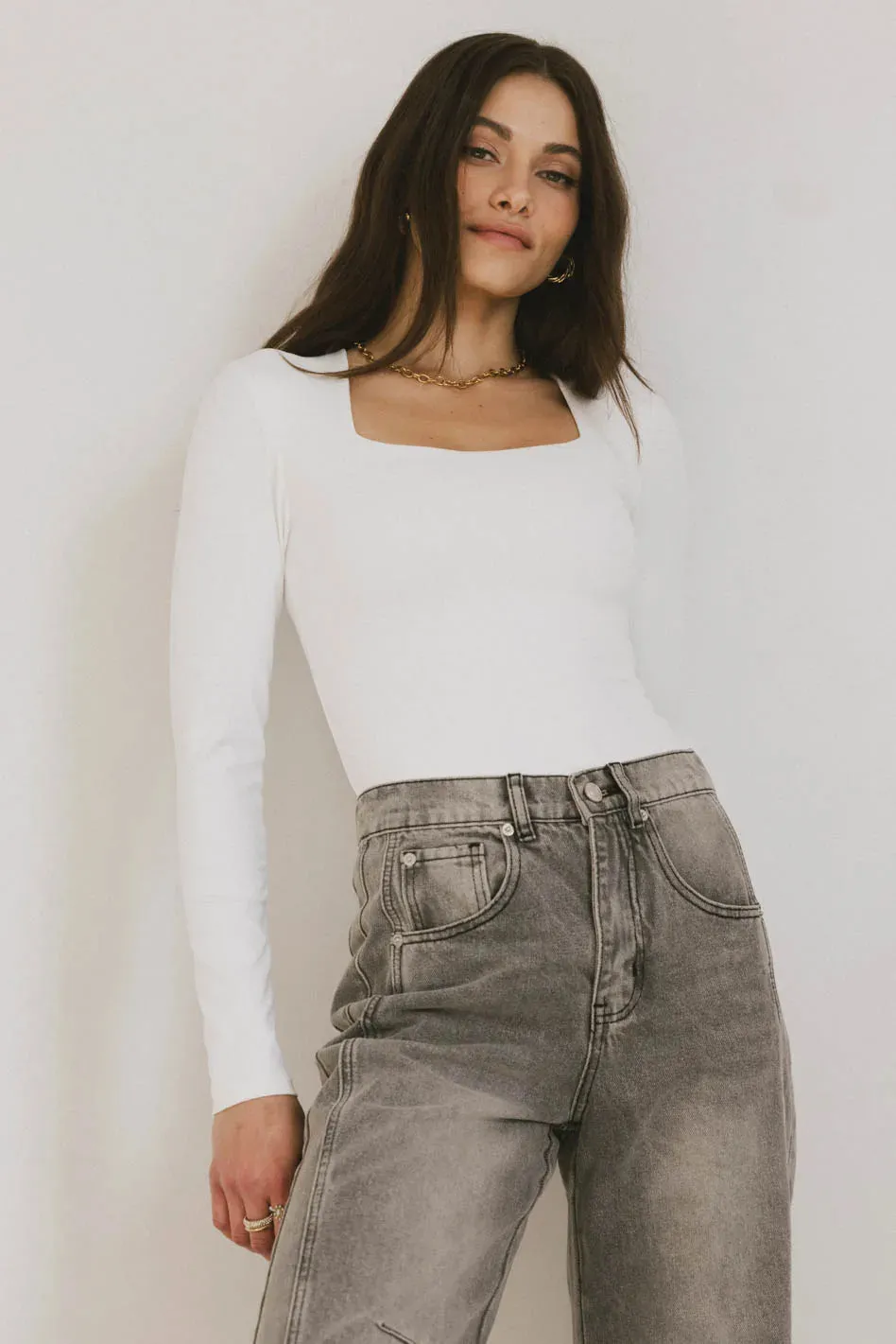Demi Square Neck Bodysuit in White