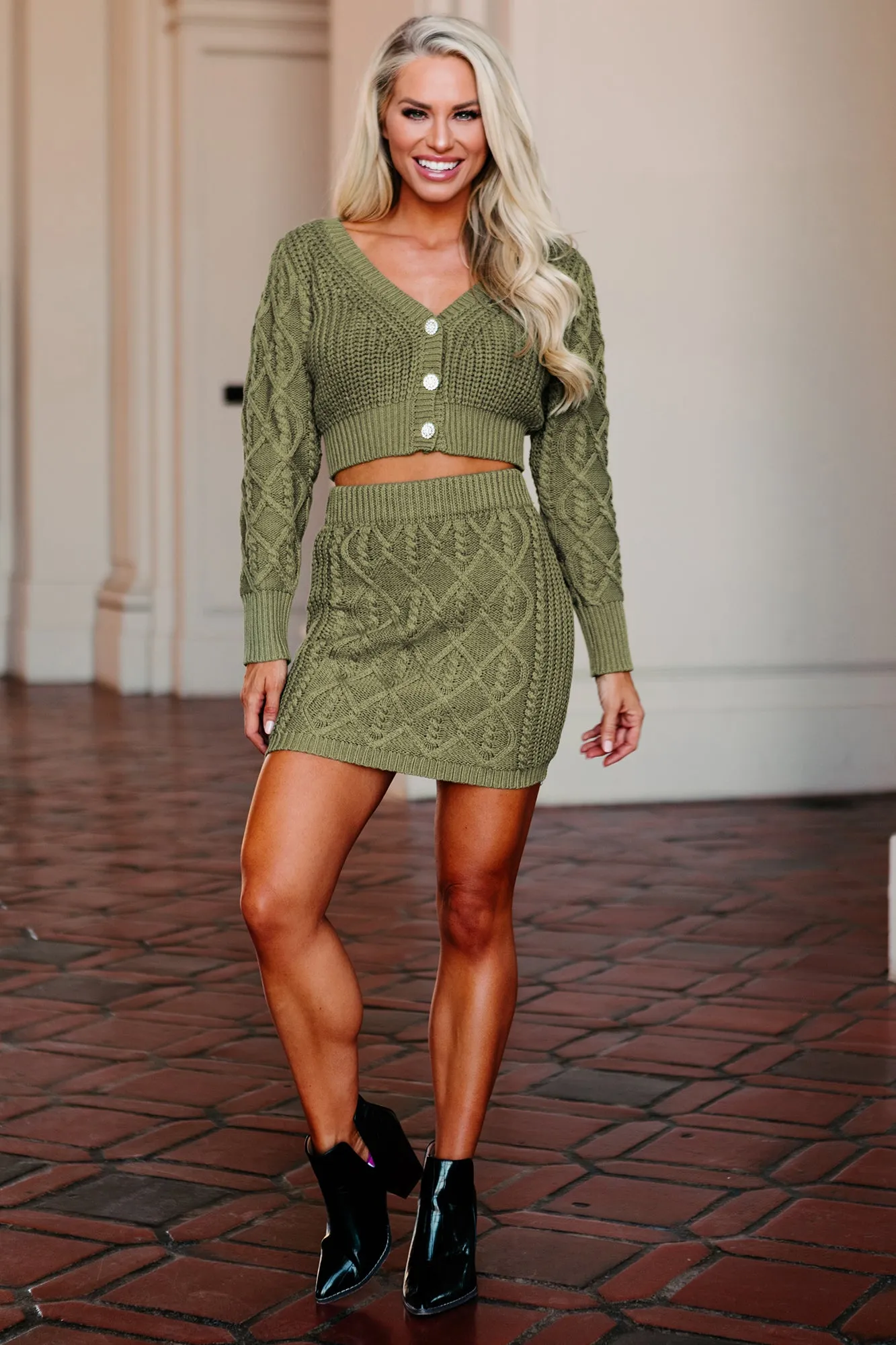 Finding Fulfillment Cable Knit Cardigan & Skirt Set (Olive)