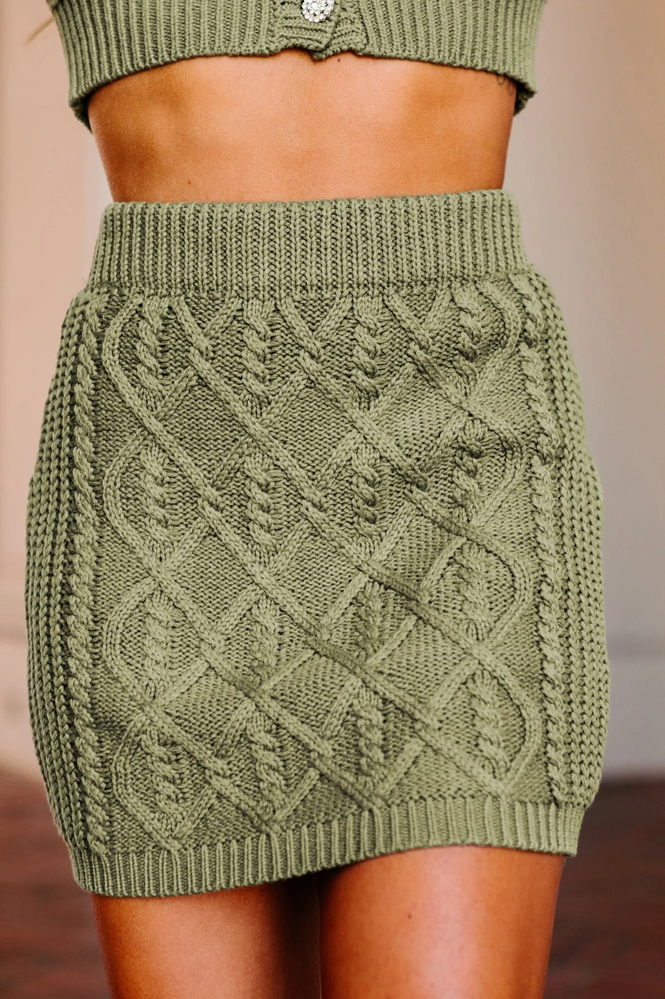 Finding Fulfillment Cable Knit Cardigan & Skirt Set (Olive)
