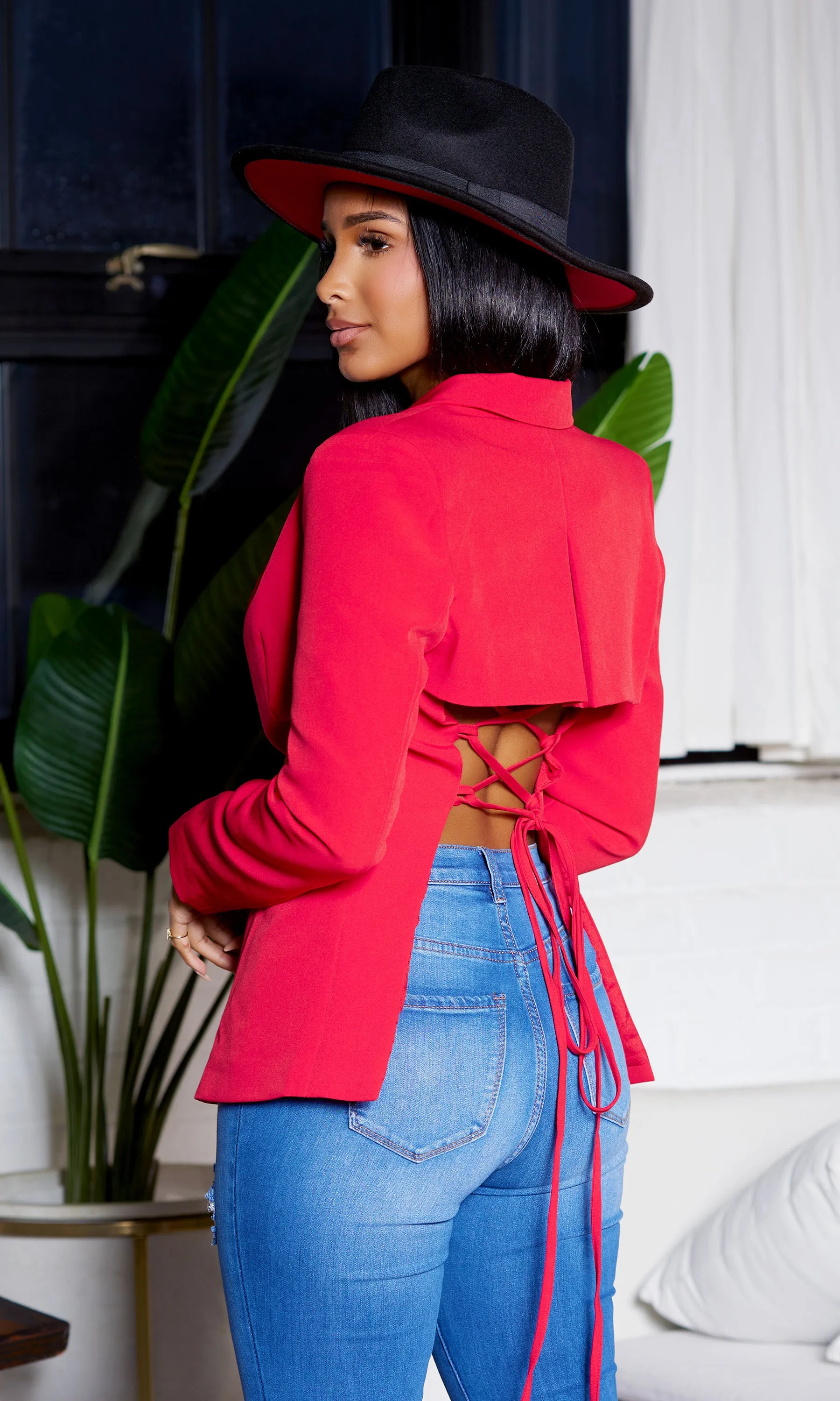 Fitted Lace Up Blazer - Red FINAL SALE