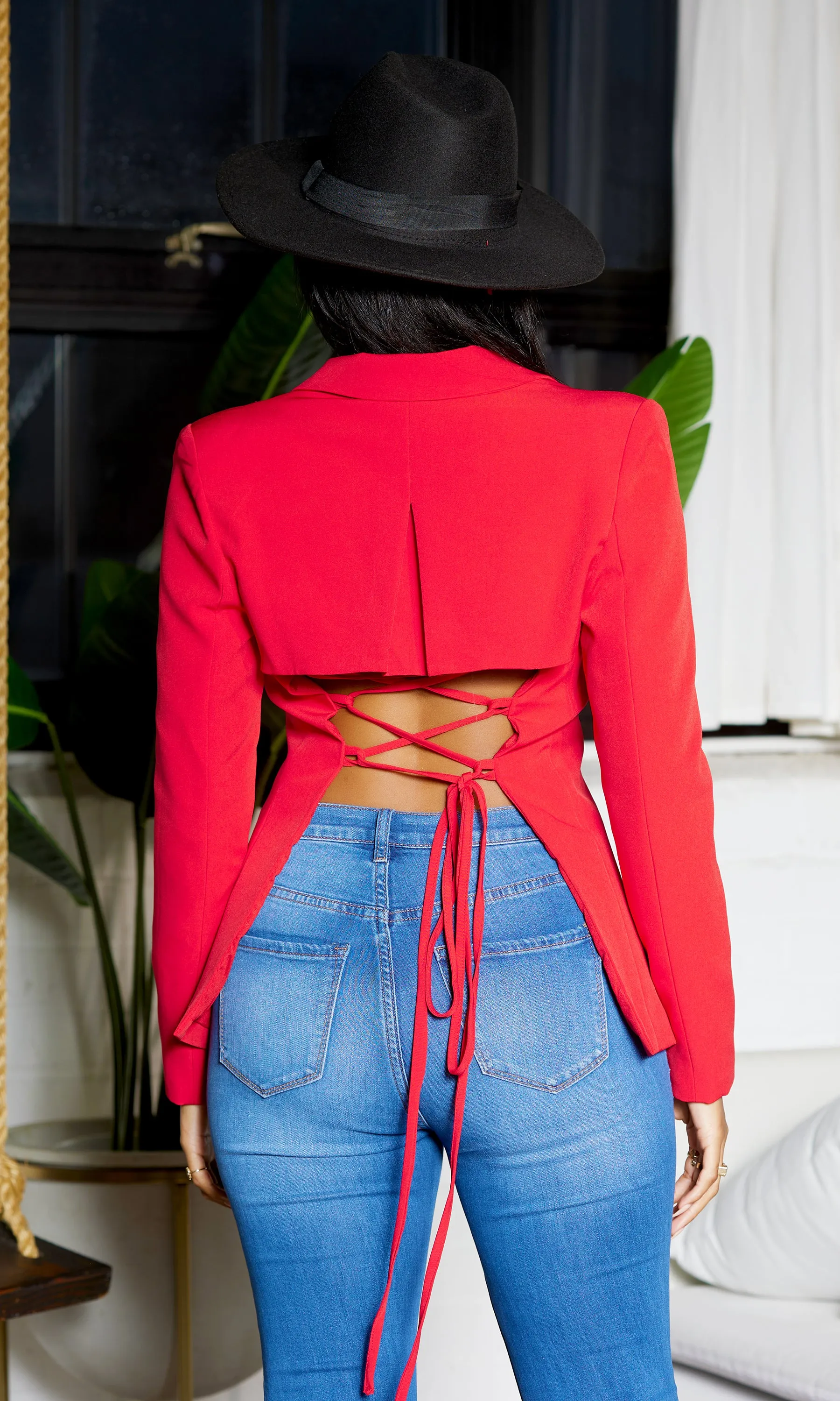Fitted Lace Up Blazer - Red FINAL SALE