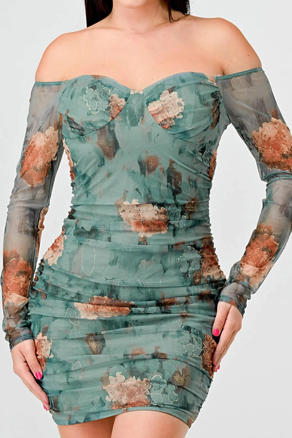 FLORAL GOLD METALLIC MESH OFF SHOULDER MINI DRESS
