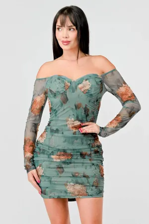FLORAL GOLD METALLIC MESH OFF SHOULDER MINI DRESS