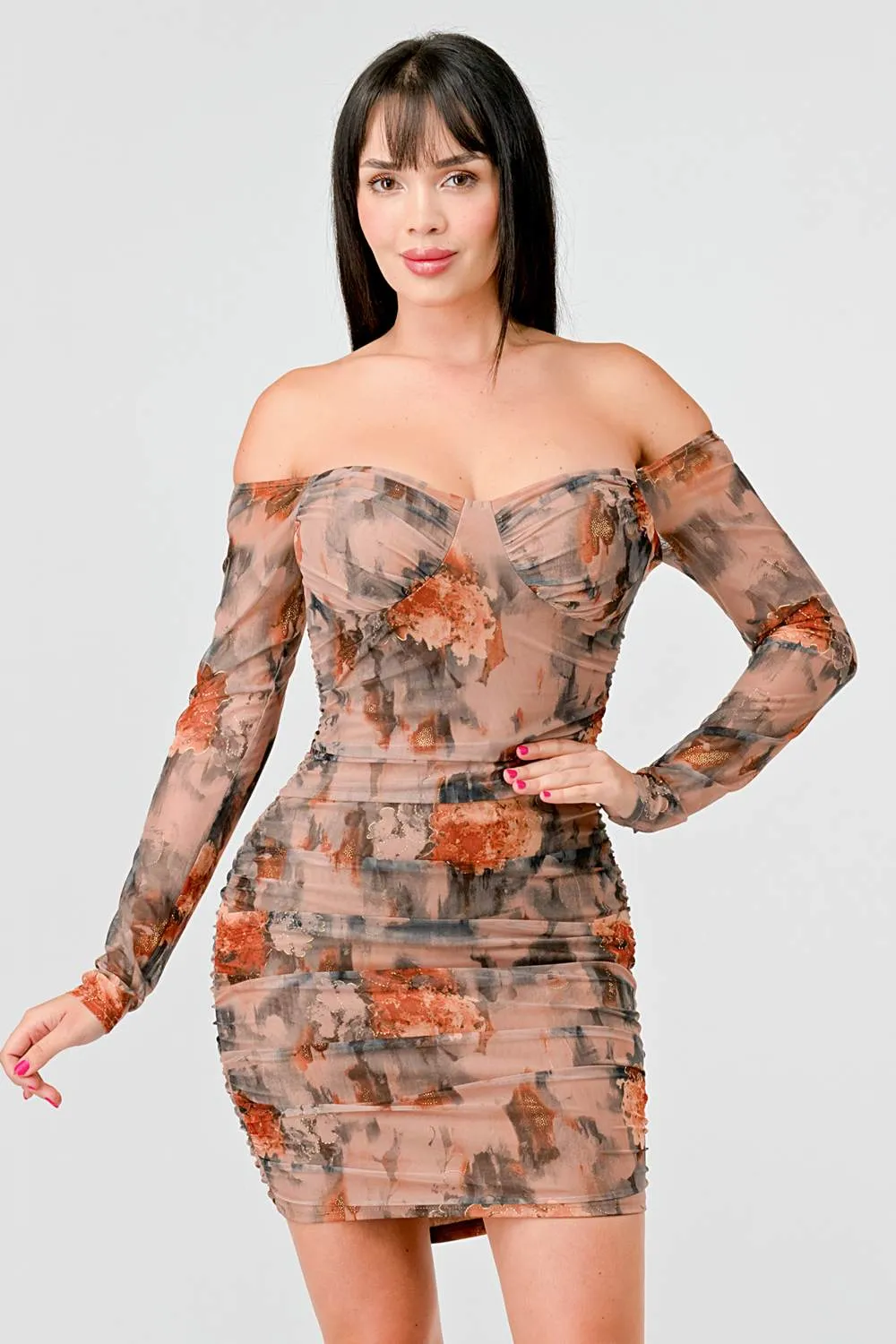 FLORAL GOLD METALLIC MESH OFF SHOULDER MINI DRESS