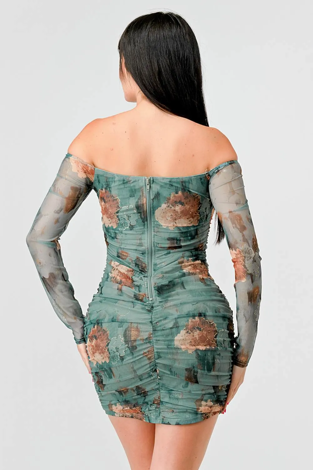 FLORAL GOLD METALLIC MESH OFF SHOULDER MINI DRESS