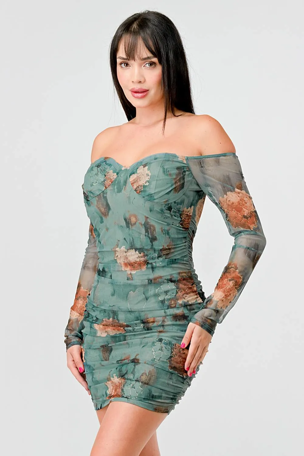 FLORAL GOLD METALLIC MESH OFF SHOULDER MINI DRESS