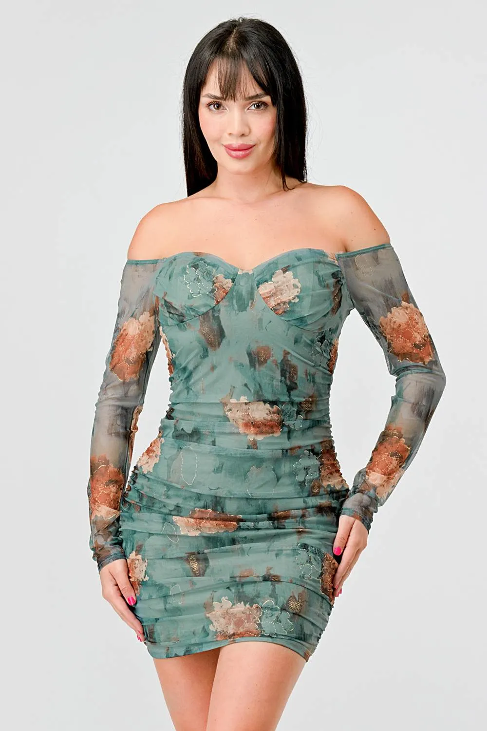 FLORAL GOLD METALLIC MESH OFF SHOULDER MINI DRESS