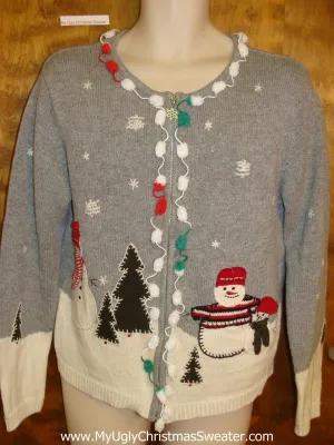 Fun Blue Horrible Christmas Sweater with Pompom Accents
