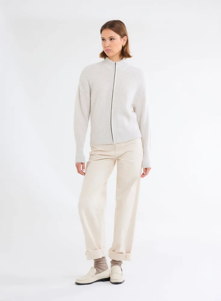 Gilet Blanc à Grosse Maille Col Montant Manches Longues en Laine Mérinos