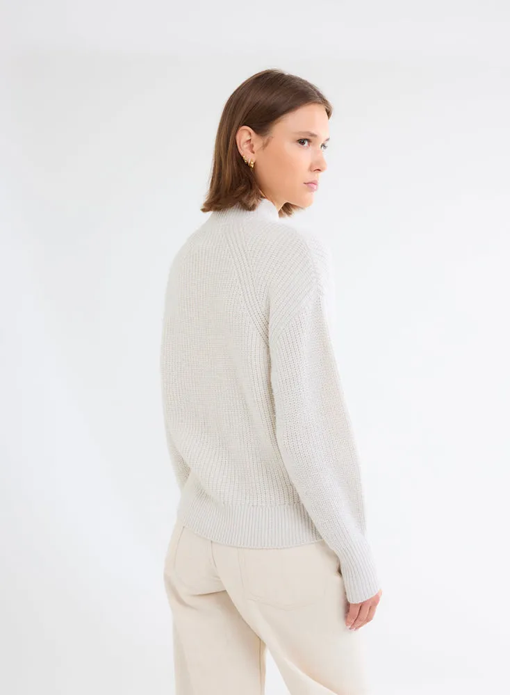 Gilet Blanc à Grosse Maille Col Montant Manches Longues en Laine Mérinos