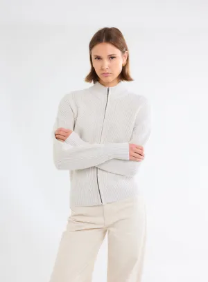 Gilet Blanc à Grosse Maille Col Montant Manches Longues en Laine Mérinos