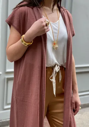 Gilet Long 100% Cachemire Vieux Rose