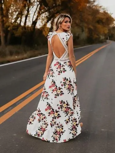 Gretta - Vintage Floral Print Maxi Dress with Sexy Back Design