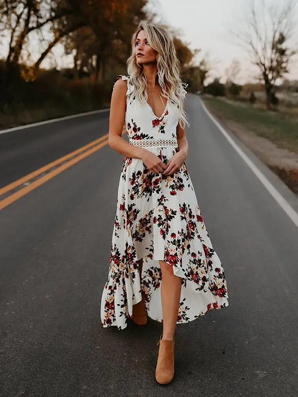 Gretta - Vintage Floral Print Maxi Dress with Sexy Back Design