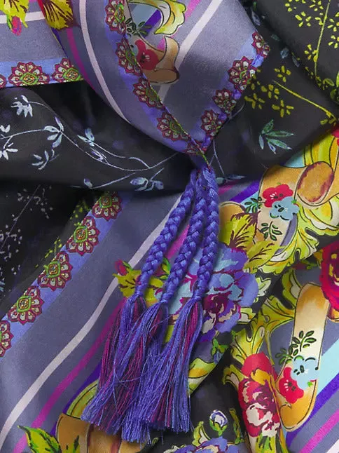 Johnny Was Magic Garden Silk Scarf Flowers Large Square Floral Tassels Black NEW