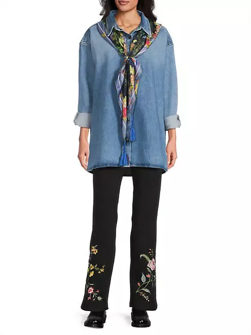 Johnny Was Magic Garden Silk Scarf Flowers Large Square Floral Tassels Black NEW