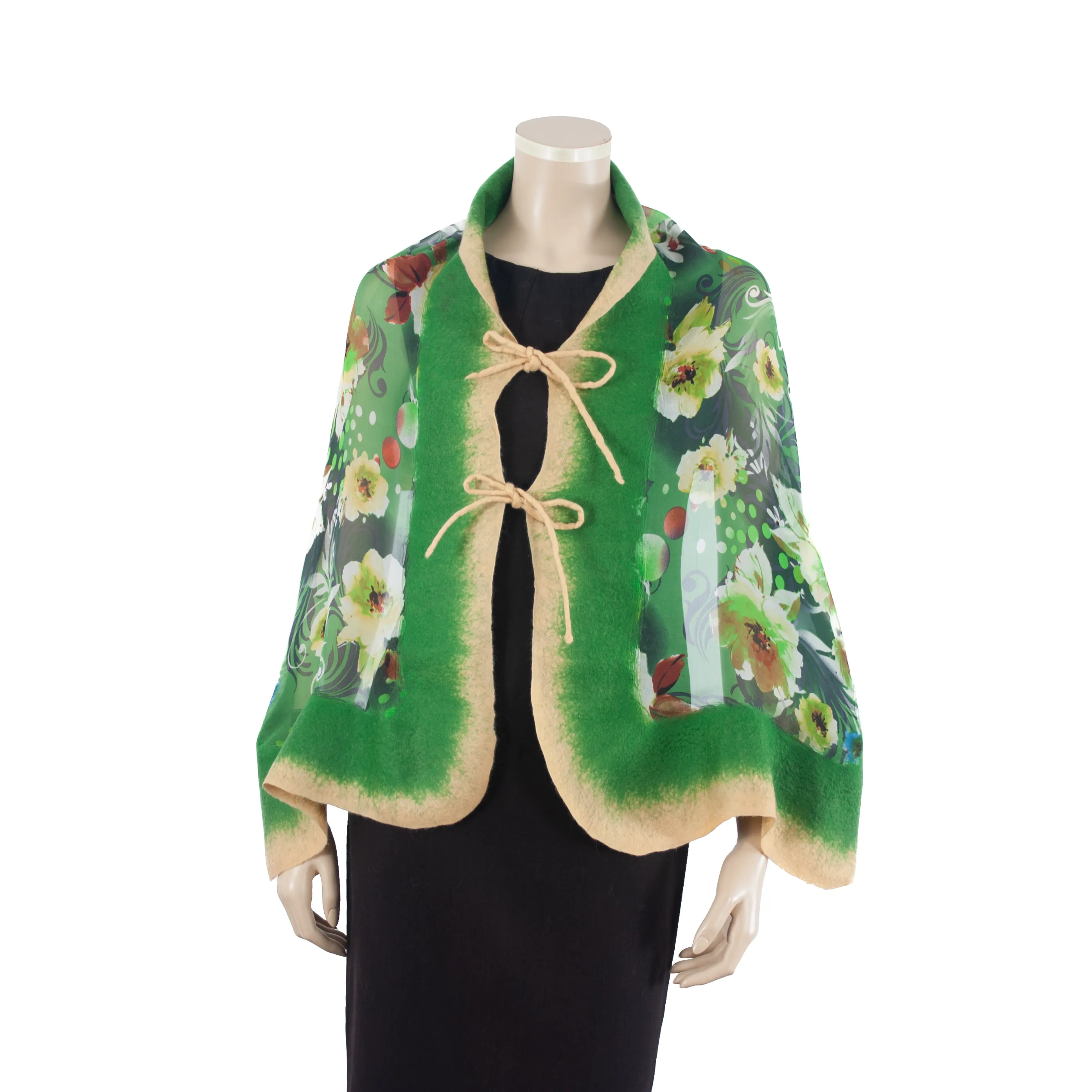 Linked green beige flowers scarf #140-20
