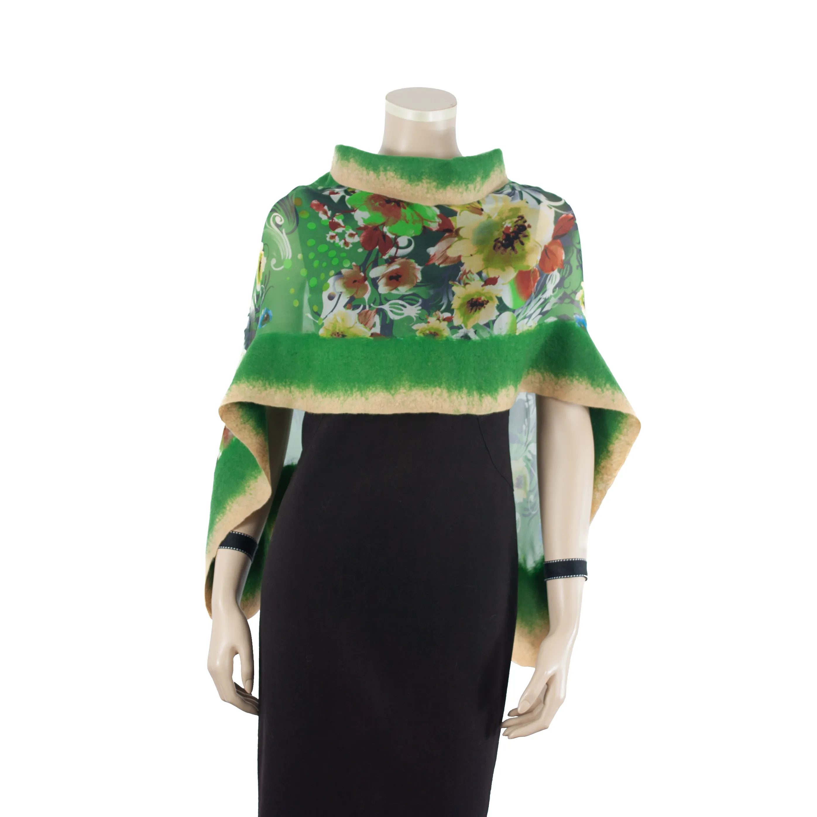 Linked green beige flowers scarf #140-20