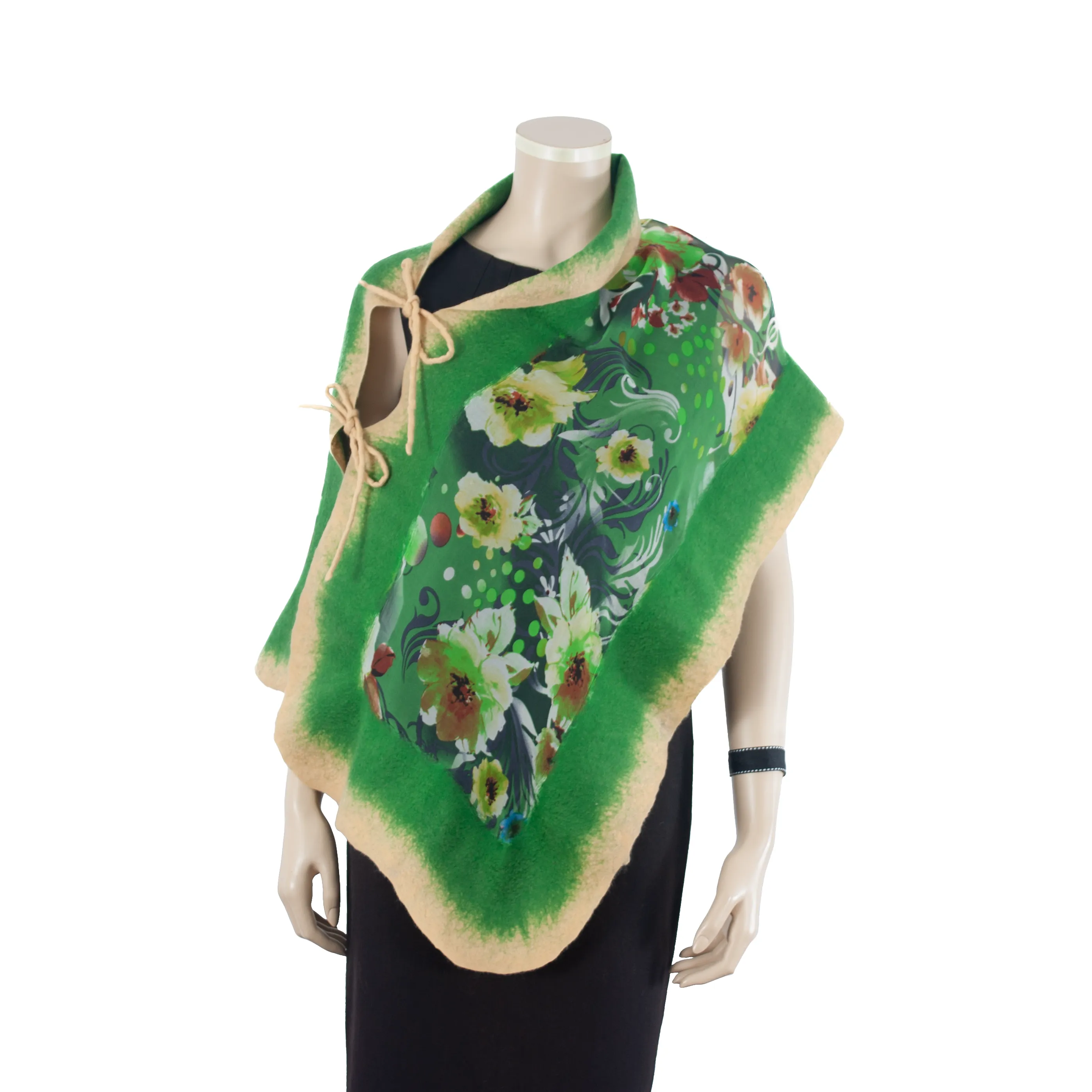 Linked green beige flowers scarf #140-20