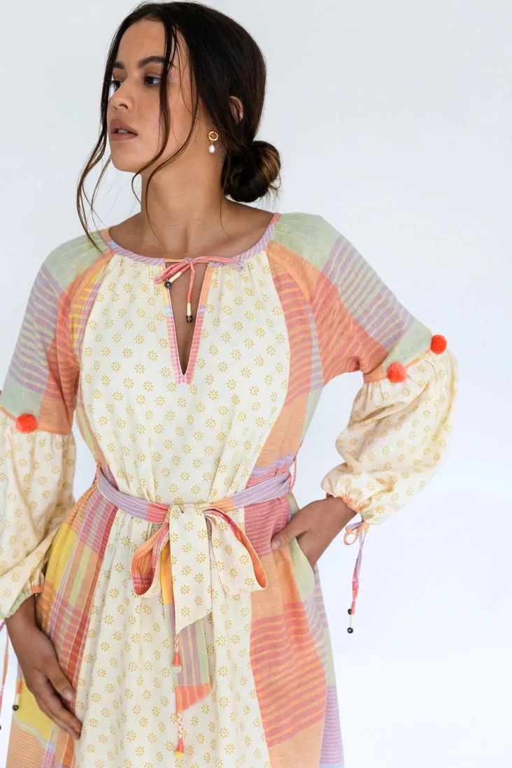 Lucille Dress - Yellow Peach Handloom Dress