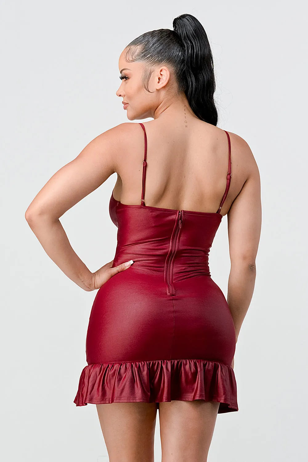 LUX COATING PU RUFFLED SLEEVELESS BODYCON MINI DRESS
