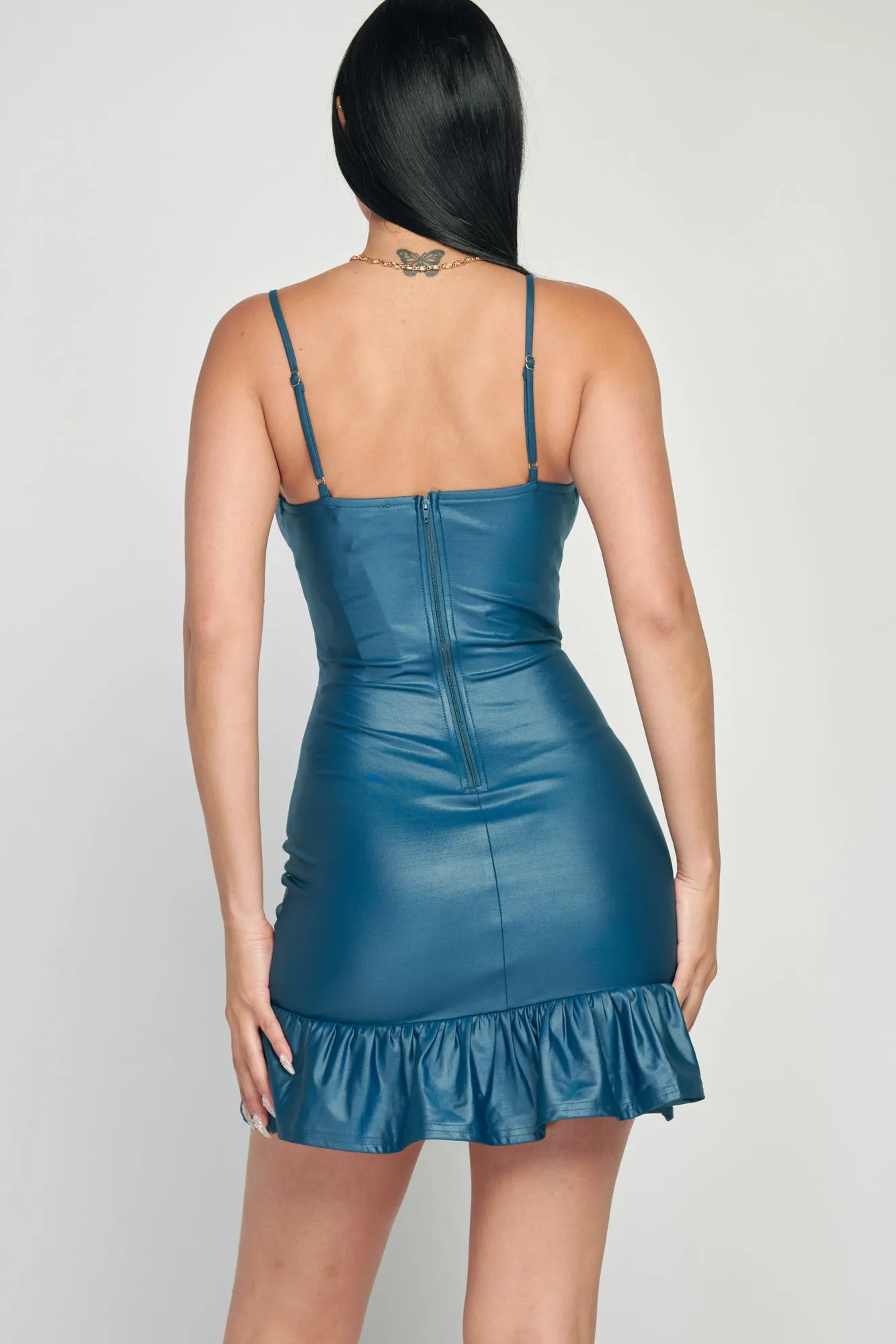 LUX COATING PU RUFFLED SLEEVELESS BODYCON MINI DRESS