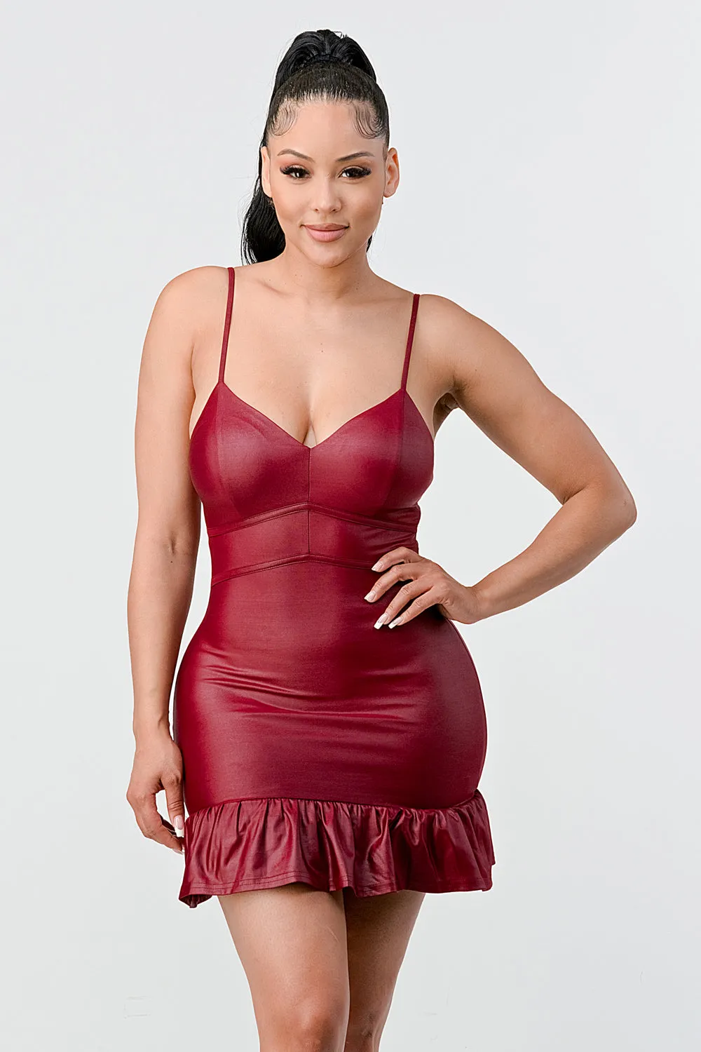 LUX COATING PU RUFFLED SLEEVELESS BODYCON MINI DRESS
